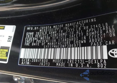 2022 Toyota Corolla Le from USA, damaged, VIN 5YFEPMAE0NP386970